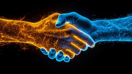 Two hands, one glowing orange and the other blue, are shaking to symbolize partnership and unity in a digital context.