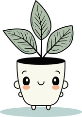 Cute lovely houseplant vector art. Kawaii faces on flower pot with plant. Cartoon style for print.