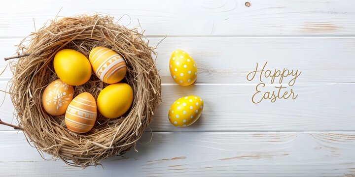 Easter greeting card with Easter nest, yellow Easter eggs, and a lettered Easter egg, Easter, greeting card, Easter nest - Powered by Adobe
