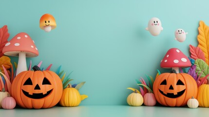 Enchanting Cartoon Pumpkin Patch with Rainbow Vines and Playful Spirits -