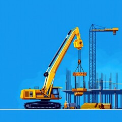 Efficient construction automation, robotics enhancing building speed and accuracy, flat design illustration