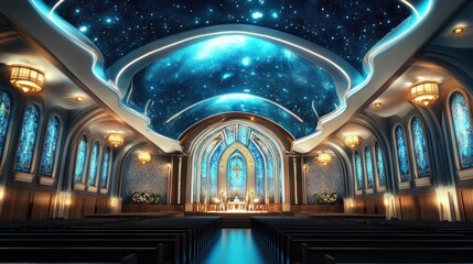 Obraz premium Empty church interior with a starry night sky ceiling.