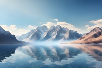 Gorgeous mountain range isolated on a translucent background, with a sizable body of water in the front.