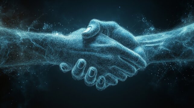Two hands made of digital particles unite in a handshake, representing cooperation and connection in a modern, technological context.