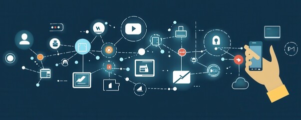 Digital network connections concept with smartphone and diverse icons for online communication and technology innovation