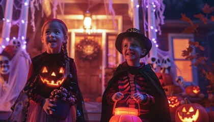 Obraz premium A boy and a girl dressed in Halloween costumes trick-or-treating at the door of a house decorated with lights, pumpkins, cobwebs, and skulls.
