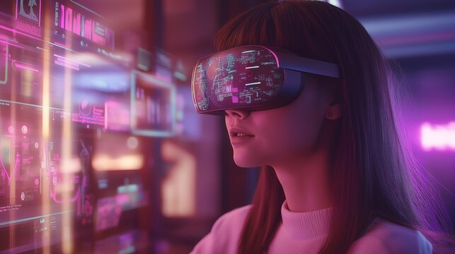 a futuristic office with young woman wearing VR glasses at office as gadget Ai assistant