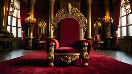 Fototapeta premium a red chair with a gold frame and red curtains with candles on it.