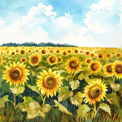 Obraz premium Vibrant sunflower field under a bright blue sky, showcasing the beauty of nature and the charm of summer landscapes.