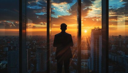 Businessman by window, sunset city view, business concept, panoramic scene.