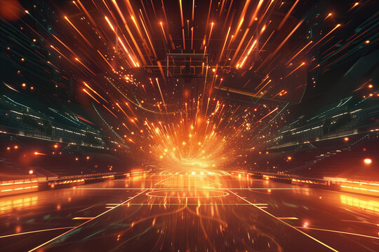 a backetball court with sparks and stars