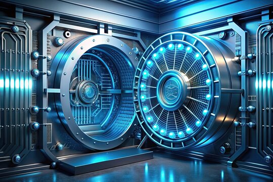A futuristic digital vault with glowing blue circuits and flickering codes protects sensitive data, showcasing advanced encryption technology for secure database management.