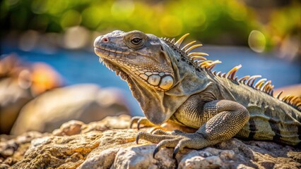 Iguana on rocky surface basking in the sun , iguana, rocks, sunbathing, reptile, wildlife, nature, camouflage, scales