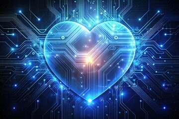 A futuristic heart beats with glowing blue circuits and wires, pulsing with digital energy, blending organic and synthetic elements in a mesmerizing fusion.
