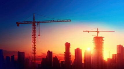 Rapid construction growth, new skyscrapers rising in a cityscape, flat design illustration