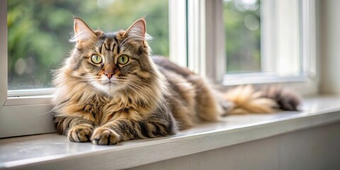 A fluffy tabby cat lying lazily on a window sill, feline, domestic, pet, whiskers, fur, mammal, cute, animal, resting