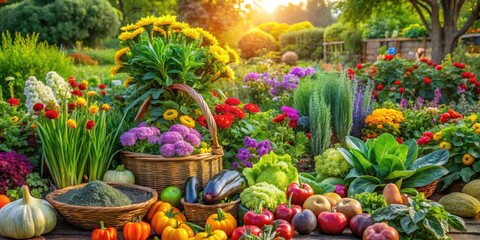 Vibrant image of a beautiful garden blooming with a variety of natural flowers and vegetables, nature, floral, garden