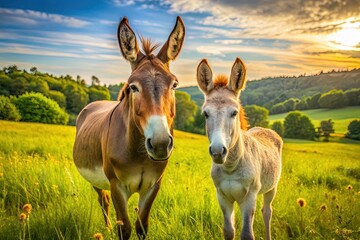 A gentle brown mule and grey donkey stand together in a sun-drenched meadow, their ears perked and eyes calm, surrounded by lush green grass.