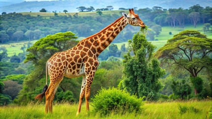 Obraz premium A gentle giant, a majestic giraffe roams freely in a lush green meadow, munching on tender leaves, its long neck bent in a serene pose.
