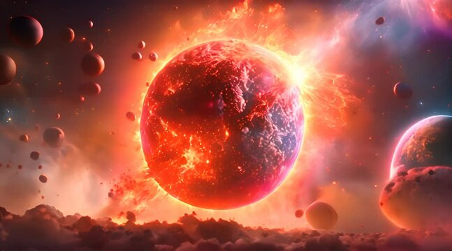 A fiery apocalypse in space destroys cosmic objects, with planets shattering like glass, stars exploding into brilliant supernovas, and asteroid belts disintegrating into glowing dust