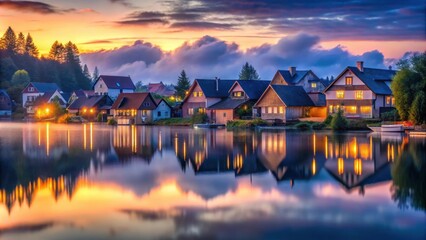 Fototapeta premium Serene village at dusk with houses glowing in soft liquid hues , village, dusk, serene, glowing, houses, soft, liquid