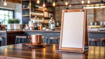 Two-sided blank menu display on a copper tabletop in a boutique coffee shop , menu, display, copper, tabletop, boutique