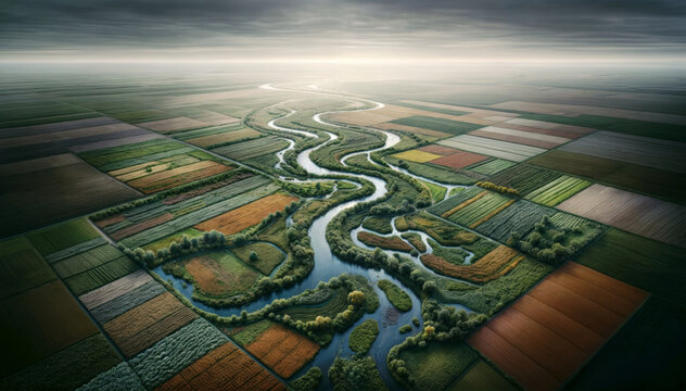 Expansive aerial view from drone on a landscape with a river flowing through a farmland with various crops. Panoramic bird&rsquo;s-eye view of diverse native plant sections within a rewilded agricultural 