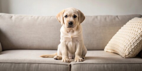 Obraz premium Labrador retriever puppy sitting on a cozy sofa , cute, playful, pet, dog, furry, adorable, domestic, living room, comfortable