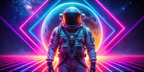 Fototapeta premium Astronaut surrounded by flashing neon lights in a retro 80s style synthwave background, astronaut, space, suit, neon lights