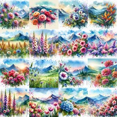 flowers draw. Watercolor splash style. AI generated illustration