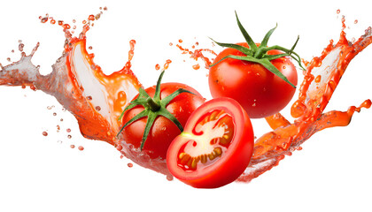 fresh tomatoes Splash on a white isolated background. Generative AI.