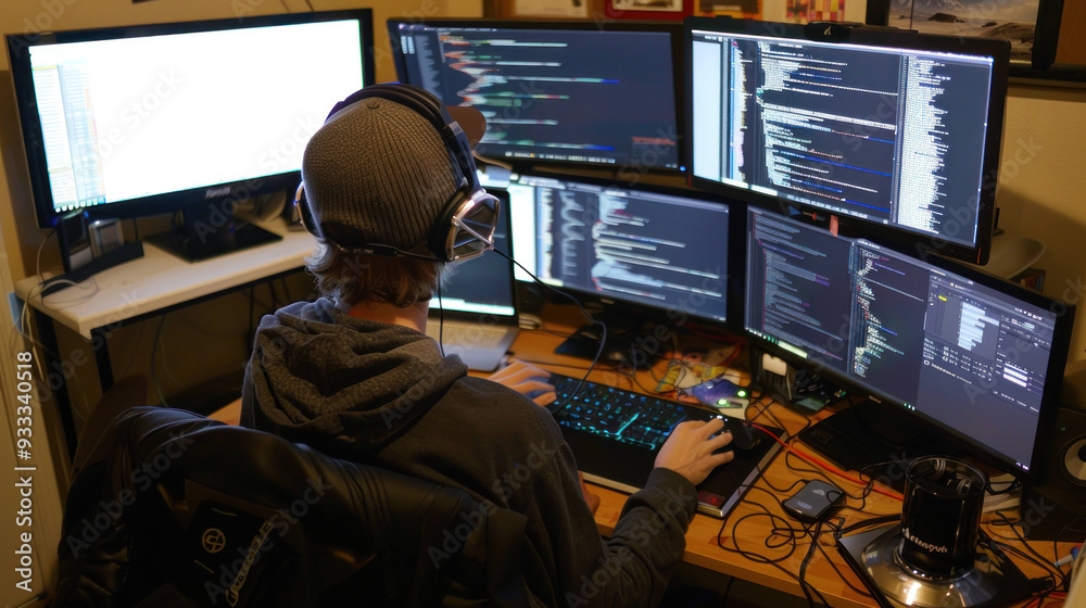 Aufkleber Tech-savvy Programmer Immersed in Coding on Multiple Monitors