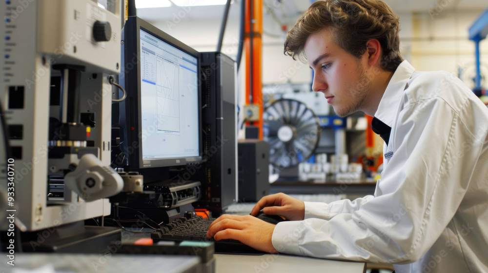 Poster Innovative Engineer Creating 3D Model on Computer in Modern Laboratory