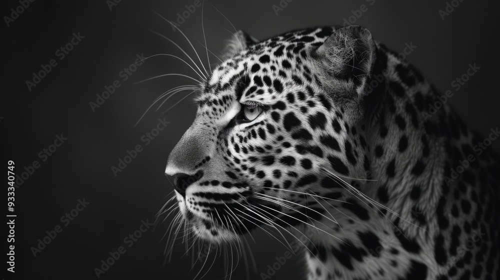 Wall mural A close-up image of a black leopard's face in grayscale