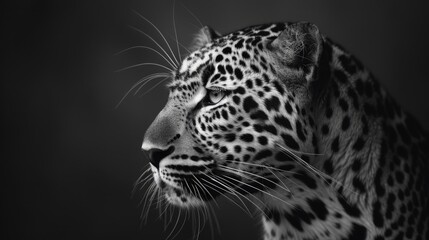 A close-up image of a black leopard's face in grayscale