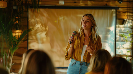 A woman speaking at a business event, addressing an audience with confidence and enthusiasm in a well-lit venue.