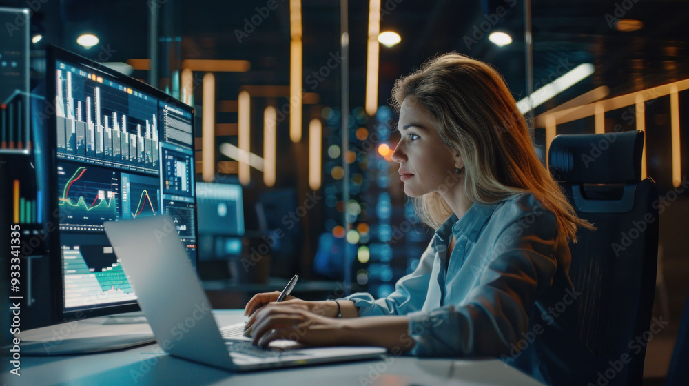 Poster a focused woman analyzing data on multiple screens in modern office.