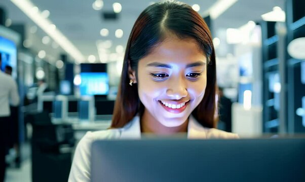 Close-up Shot of a Young Woman Using a Laptop in a Modern Computer Store