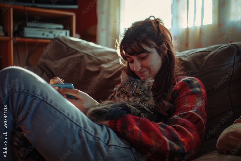 Wall mural A person sits on a sofa with a feline companion, providing comfort and companionship