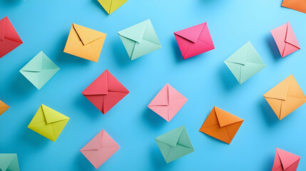 Vibrant display colorful paper envelopes gracefully floating on a lively blue background