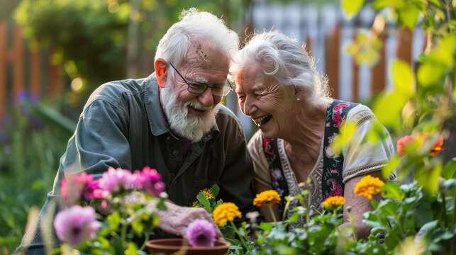 Elderly couple joyfully gardening together, surrounded by colorful flowers.