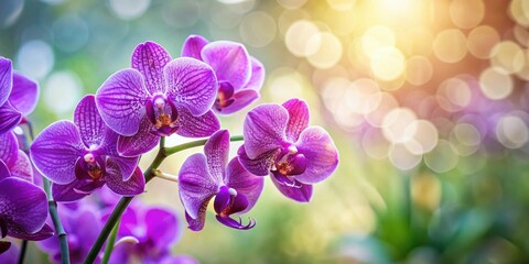 Naklejka premium Purple orchids in focus against a blurred bokeh background, purple, orchids, flowers, bokeh, background, floral, vibrant