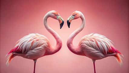 Fototapeta premium Two elegant flamingos standing gracefully in a heart shape against a pink background, flamingo, bird, wildlife, tropical, elegance