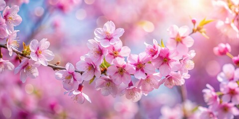 Obraz premium Enchanting closeup of pink cherry blossoms with dreamy blurred background, pink, cherry blossoms, closeup, HD, glistening