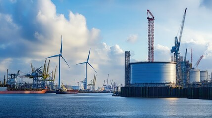 Obraz premium Industrial waterfront with a large cargo ship, cranes, wind turbines, and large tanks in the background.