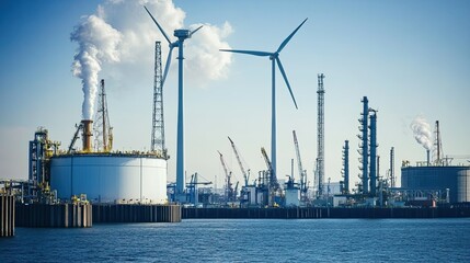Obraz premium Industrial complex with wind turbines on the water.