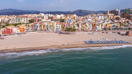 Drone view of Villa Joyosa colorful beach in Spain, Alicante