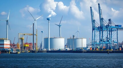 Obraz premium Industrial waterfront with wind turbines and cranes, blue sky and white clouds.