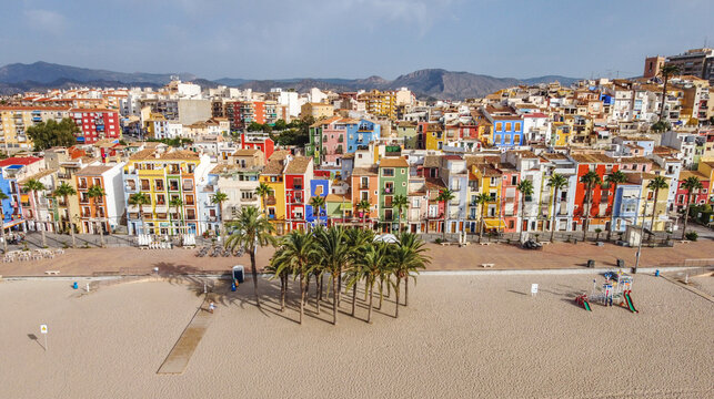 Drone view of Villa Joyosa colorful beach in Spain, Alicante