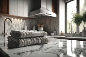 Towels on Marble Countertop in Modern Kitchen